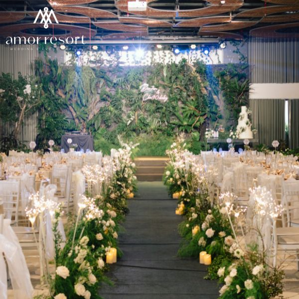 Không gian tiệc cưới Modern Wedding kết hợp sắc xanh thiên nhiên và chi tiết trang trí hiện đại, tinh tế
