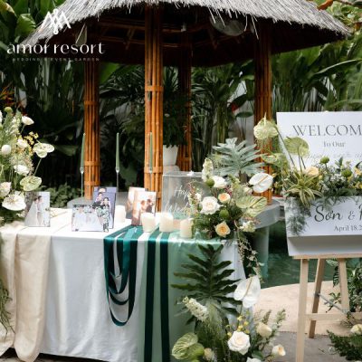 Không gian tổ chức tiệc cưới trọn gói tại Amor Resort với thiết kế sang trọng và dịch vụ chuyên nghiệp